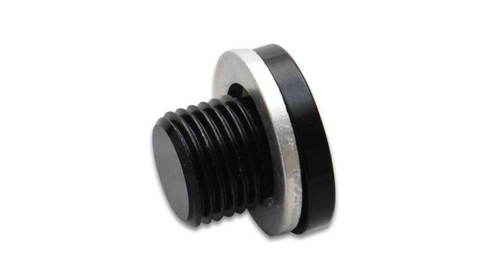 Vibrant M10 x 1.0 aluminum port plug with crush washer for fittings, showcasing the threaded metal component and washer in a close-up shot.