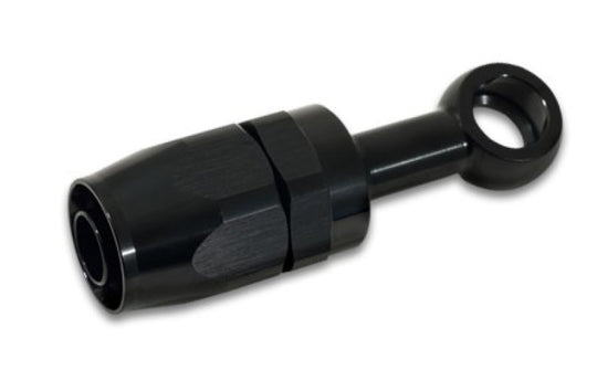 Vibrant black aluminum -10AN banjo hose end fitting for M14 or 9/16 inch banjo bolt, used in automotive fluid connections