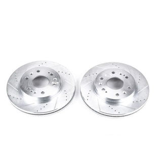 Pair of PowerStop Chevrolet Silverado 1500 front drilled and slotted brake rotors, high-performance brake rotors for enhanced stopping power.