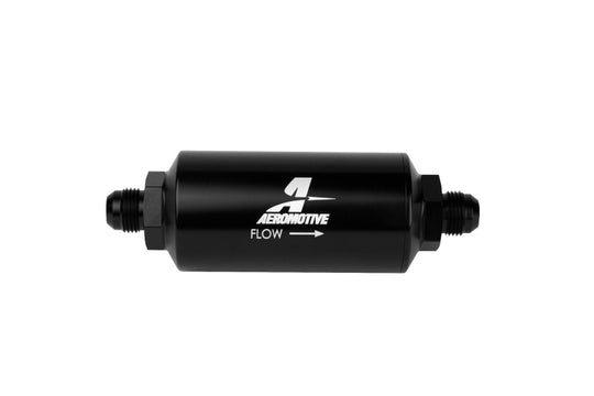 Aeromotive fuel filter in-line AN-08 size with 10 micron microglass element and bright-dip black finish, designed for fuel filtration.
