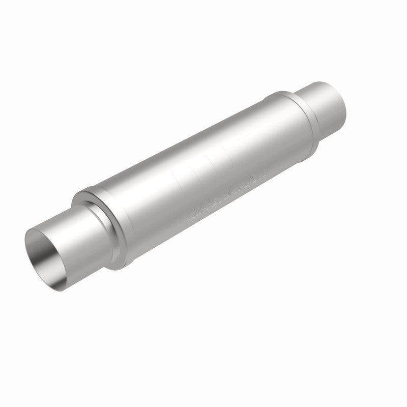 MagnaFlow Mag SS 4X4X14 3 muffler showing a sleek stainless steel design with inlet and outlet pipes for 4x4 vehicles.
