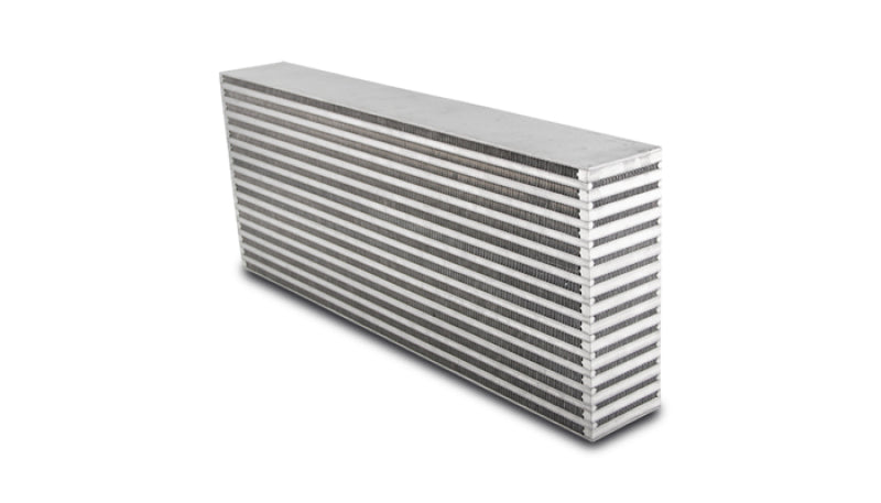 Vibrant horizontal flow intercooler core with 24-inch width, 9.75-inch height, and 3.5-inch thickness, designed for high-performance cooling.