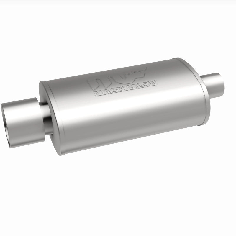 MagnaFlow stainless steel muffler with tip, 14x5x8 inches, featuring dual inlet and outlet pipes, for automotive exhaust systems.