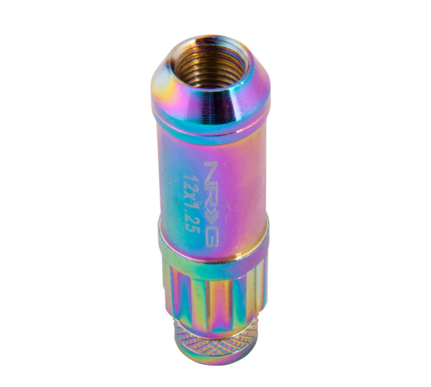NRG 700 Series M12 x 1.25 steel lug nut set with dust cap, lock set, and lock socket in neochrome finish, includes 21 pieces.