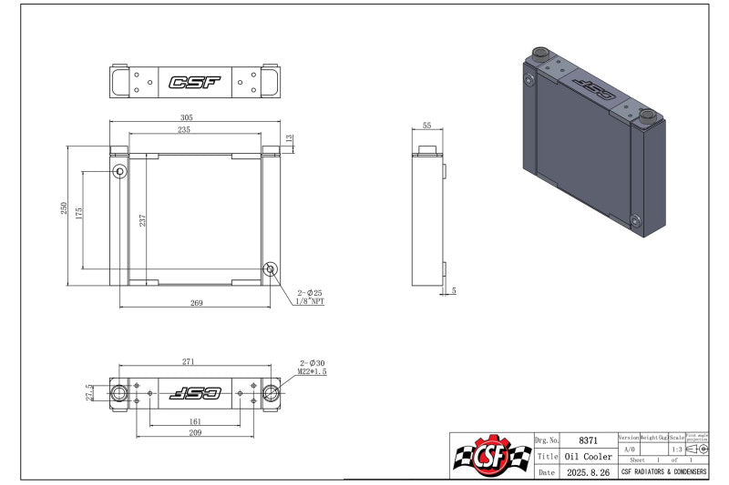 CSF universal large single-pass oil cooler with M22 x 1.5 fittings, 12-inch length, 9.33-inch height, and 2.16-inch width.