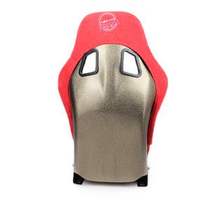 NRG FRP Bucket Seat ULTRA Edition in medium size with red Alcantara upholstery and pearlized back, designed for race car interior.
