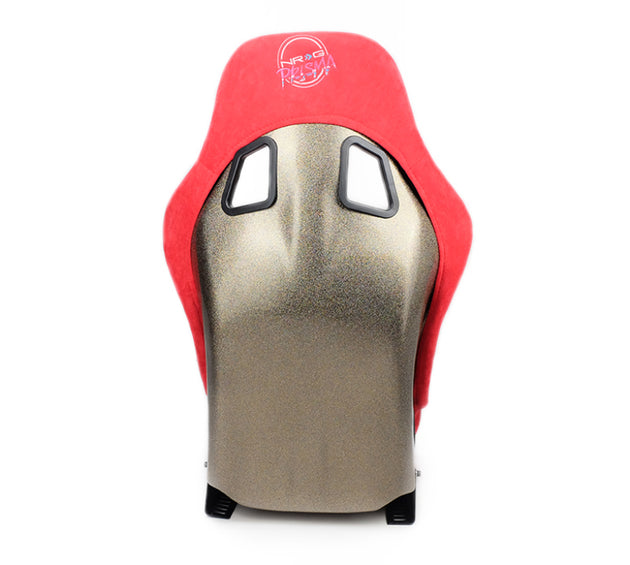 NRG FRP Bucket Seat ULTRA Edition in medium red Alcantara with pearlized back, designed for race car interior.