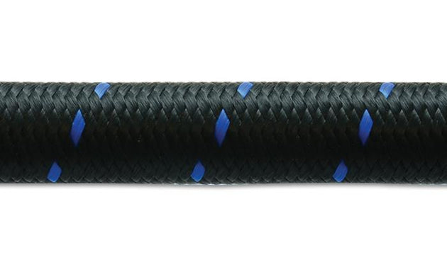 Vibrant -4 AN two-tone black and blue nylon braided flex hose, 5-foot roll, durable automotive fluid transfer hose
