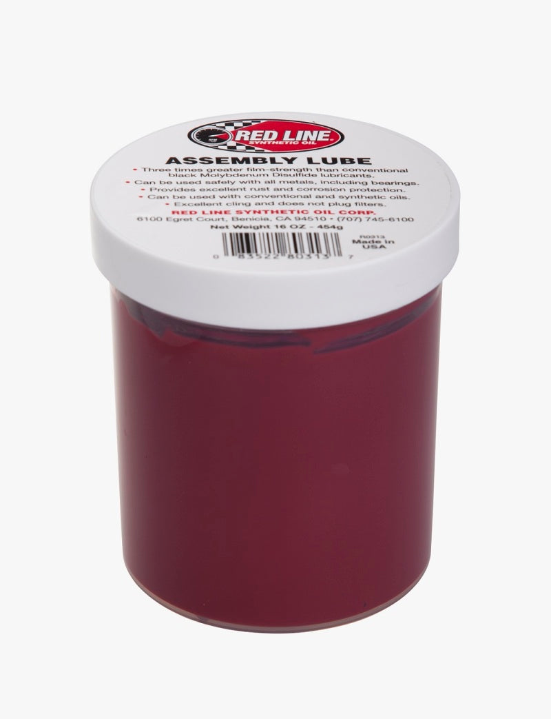 Red Line Assembly Lube 16oz bottle, high-performance grease and lubricant for engine assembly and mechanical parts.