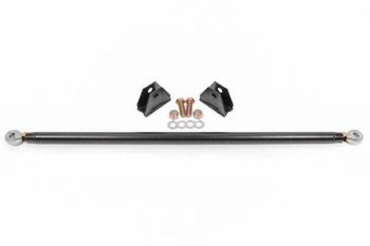 Black BMR 15-20 Ford Mustang rear strut tower brace, heavy-duty suspension component with a hammer tone finish, enhances chassis rigidity.
