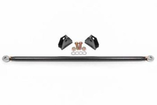 Black BMR 15-20 Ford Mustang rear strut tower brace, heavy-duty suspension component with a hammer tone finish, enhances chassis rigidity.