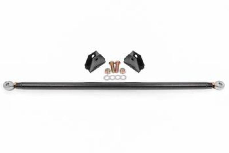 Black BMR 15-20 Ford Mustang rear strut tower brace, heavy-duty suspension component with a hammer tone finish, enhances chassis rigidity.