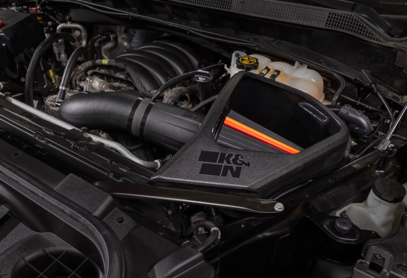 K&N Engineering cold air intake for 2019+ Chevrolet Silverado 1500 V8 5.3L/6.2L NextGen DryFlow filter installed in engine bay