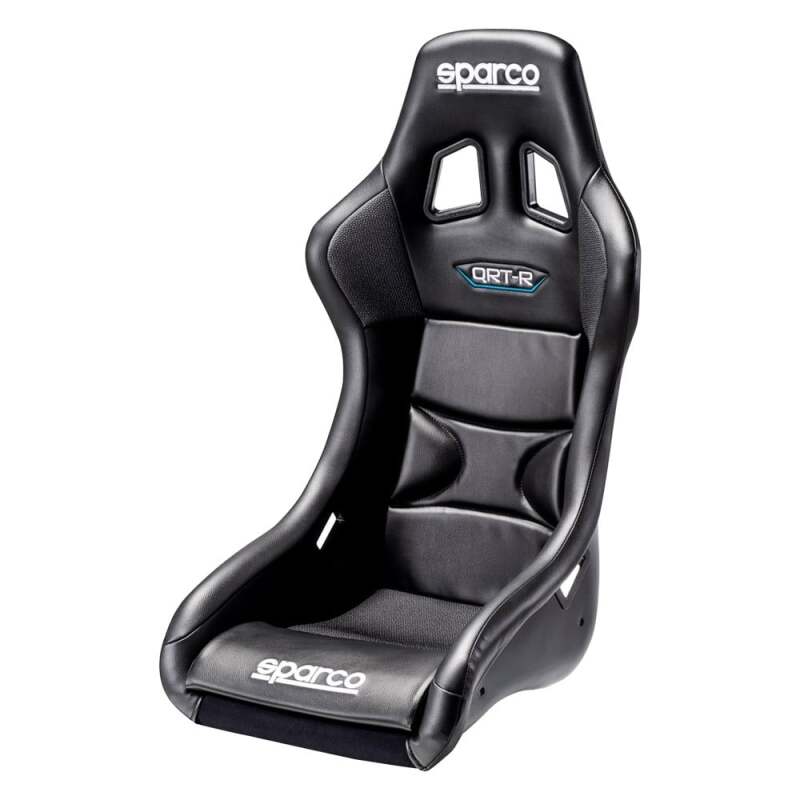 Black Sparco QRT-R 2019 vinyl race seat with side mount, designed for racing cars and high-performance driving.