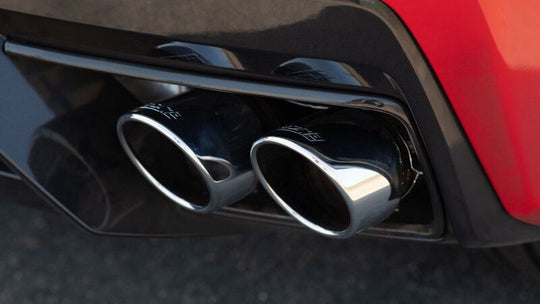 Borla catback exhaust system for 2020 Chevrolet Corvette C8 with dual round A/C tips, 4x4.75 inches, stainless steel finish.