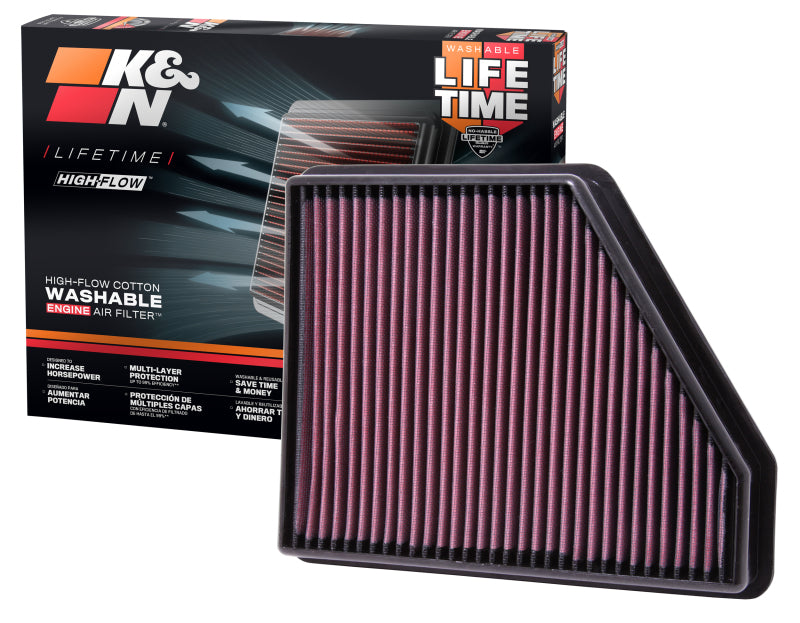 K&N Engineering drop-in air filter for 2010 Chevrolet Camaro 3.6L and 6.2L engine, showing the clean filter element.
