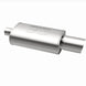 MagnaFlow stainless steel muffler with tip, 14x5x8 inches, featuring dual inlet/outlet pipes and polished tip for car exhaust system.