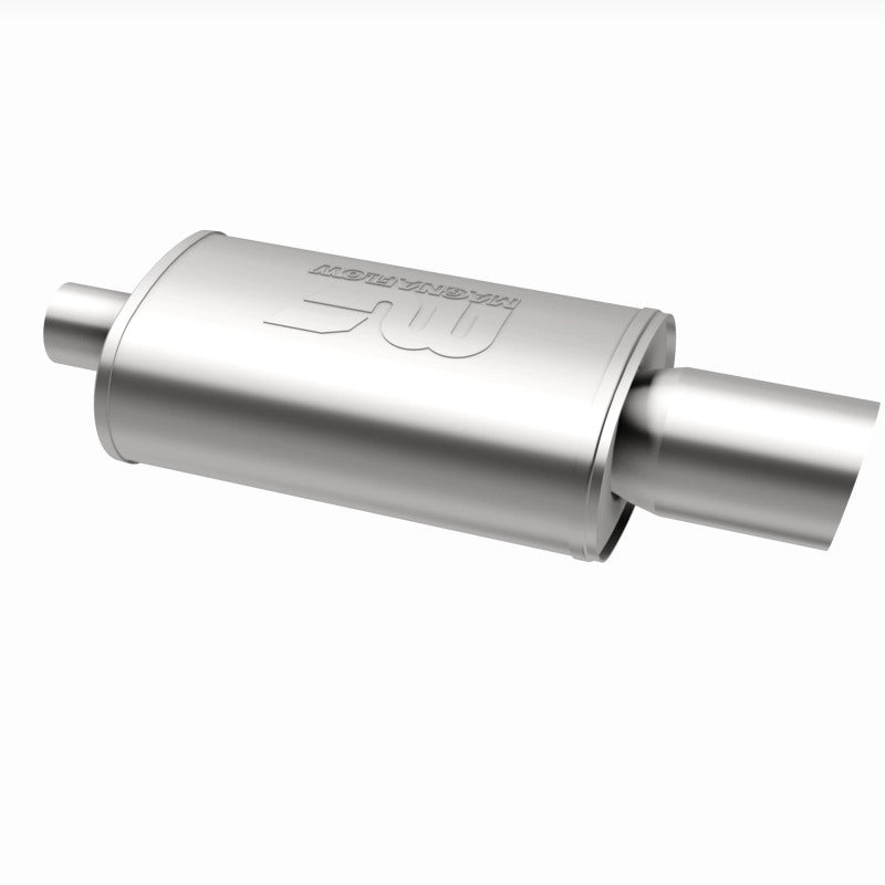 MagnaFlow stainless steel muffler with tip, 14x5x8 inches, featuring dual inlet/outlet pipes and polished tip for car exhaust system.