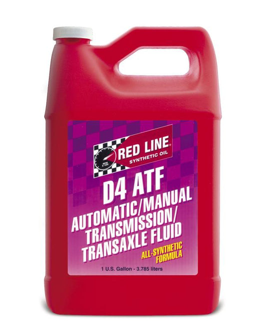 Red Line D4 ATF gear oil gallon container with red label, used for automatic transmissions and gear applications.
