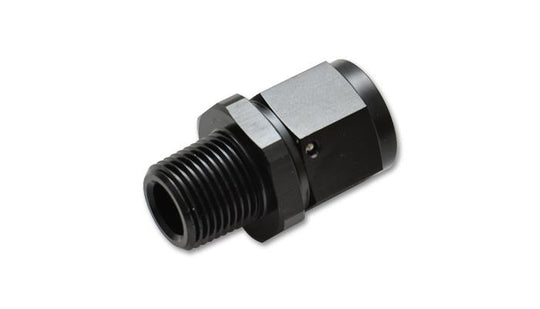 Vibrant 8AN to 1/2-inch NPT female swivel straight adapter fitting showing metal construction and threading for hydraulic connections.