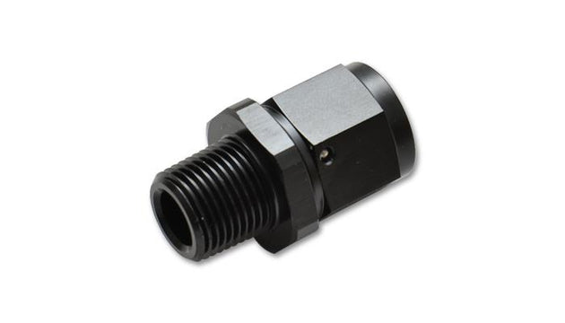 Vibrant 8AN to 1/2-inch NPT female swivel straight adapter fitting showing metal construction and threading for hydraulic connections.