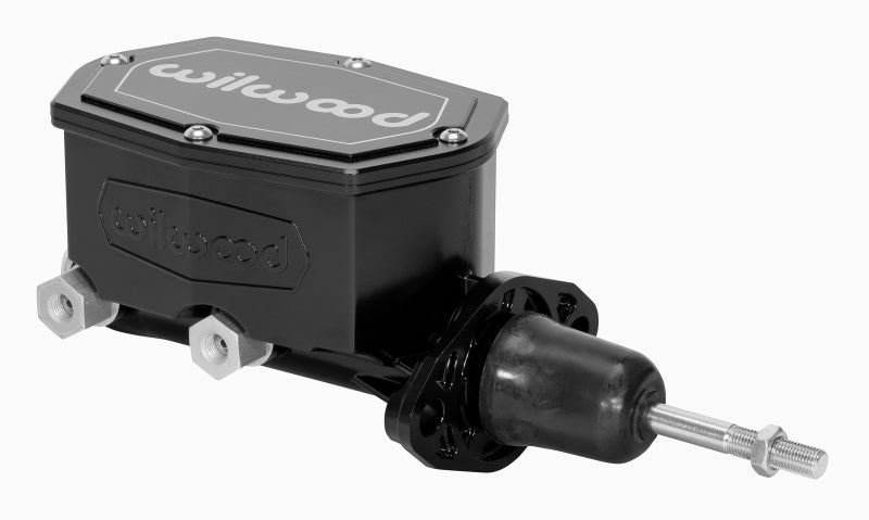 Wilwood compact tandem brake master cylinder with 1.12-inch bore and pushrod, black finish, for automotive braking systems.