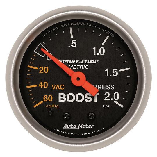 AutoMeter Sport-Comp 52mm mechanical boost gauge displaying pressure levels from 0 to 2.0 bar in a sleek black dial.