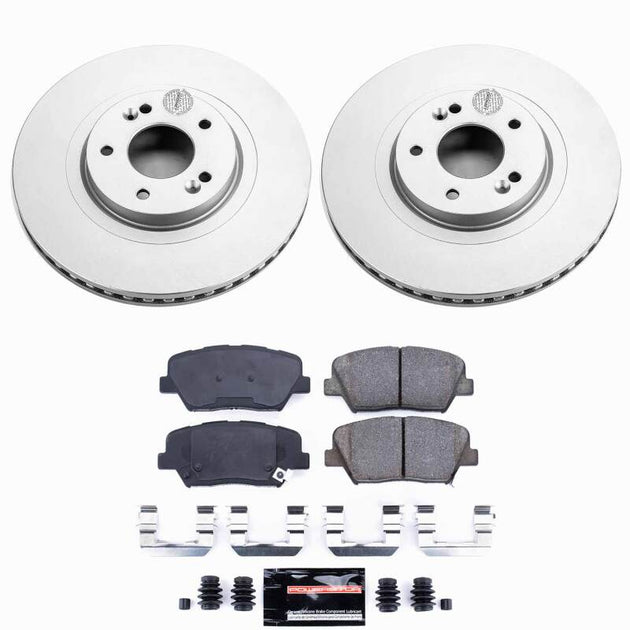 PowerStop performance front brake kit with coated rotors for 2013-2018 Hyundai Santa Fe Sport, including brake pads and hardware.
