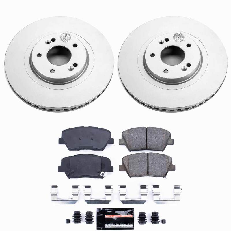 PowerStop performance front brake kit with coated rotors for 2013-2018 Hyundai Santa Fe Sport, including brake pads and hardware.