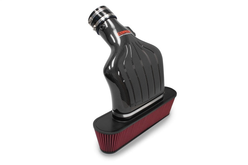 Corvette C6 Z06 7.0L V8 cold air intake by CORSA Performance, showing the sleek black intake system installed in the engine bay.