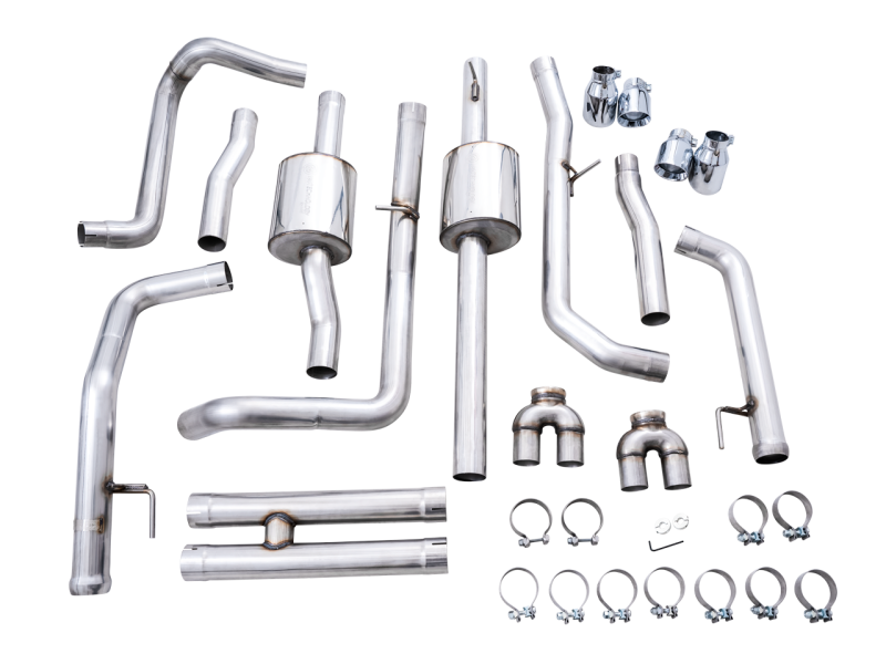 AWE Tuning 4th Gen GM 1500 6.2L catback exhaust with quad chrome tips and split rear exit with bumper cutouts.