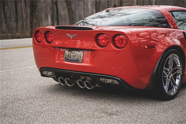 Polished CORSA Performance axle-back exhaust with 4.5-inch twin tips on a Chevy Corvette C6 Z06 or ZR1.