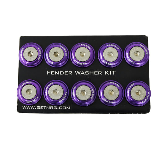 NRG purple fender washer kit with rivets for plastic, set of 10, automotive hardware kit for vehicle fender repairs.
