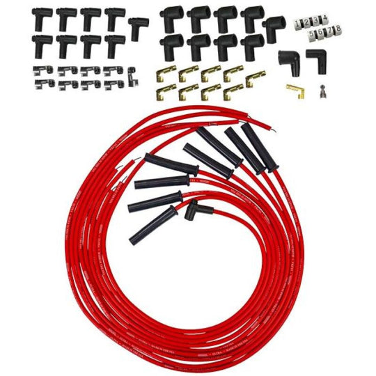 Moroso spark plug wire set with red multi-angle boots for Ultra 350 8mm HEI and non-HEI style caps, high-performance automotive wiring