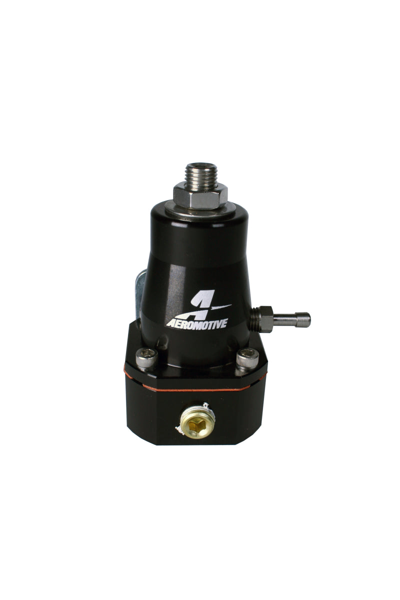 Aeromotive billet black adjustable fuel pressure regulator with two -6 inlets and one -6 return fitting for EFI systems.