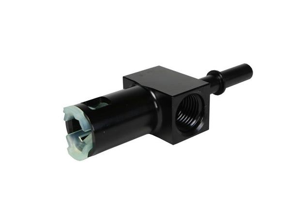 Aeromotive 5/16-inch quick connect fitting with AN-06 port and 1/8-inch gauge port for fuel system connections.