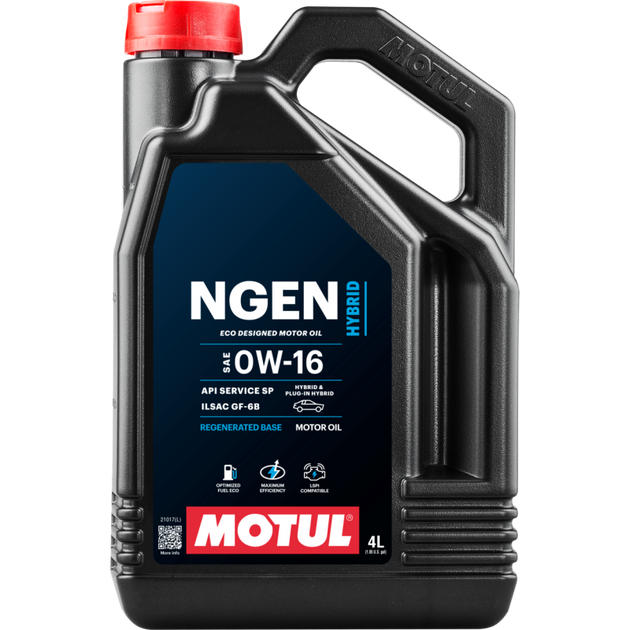 Motul 4L Hybrid Synthetic Motor Oil 0W16, high-performance engine oil for hybrid vehicles, in a clear container with label visible.