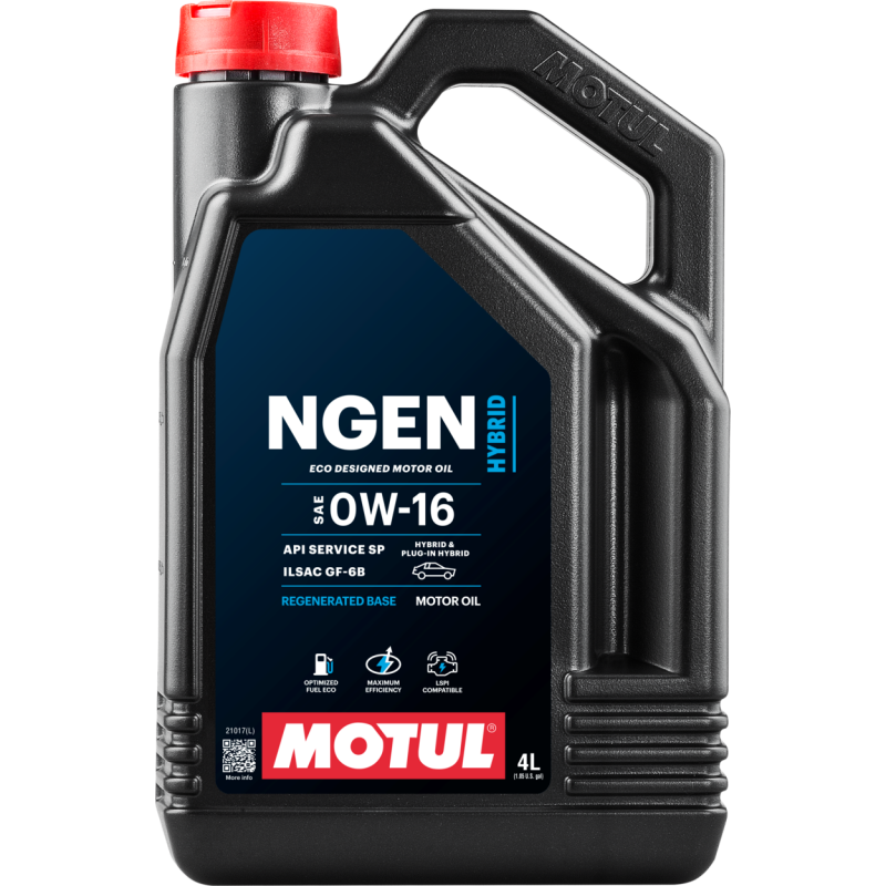 Motul 4L Hybrid Synthetic Motor Oil 0W16, high-performance engine oil for hybrid vehicles, in a clear container with label visible.
