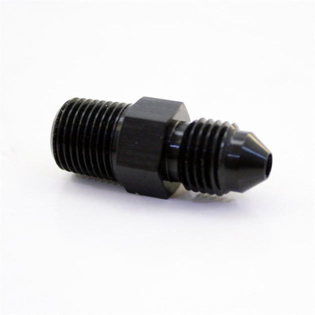 Nitrous Express 3AN to 1/8 NPT straight fitting for fluid connections, showing the metal fitting with threaded ends.