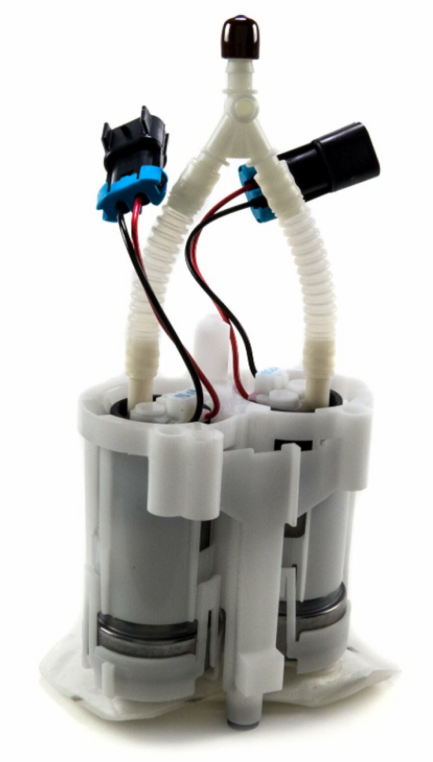 Walbro 450lph E85 universal dual fuel pump assembly for high-performance fuel delivery in vehicles.