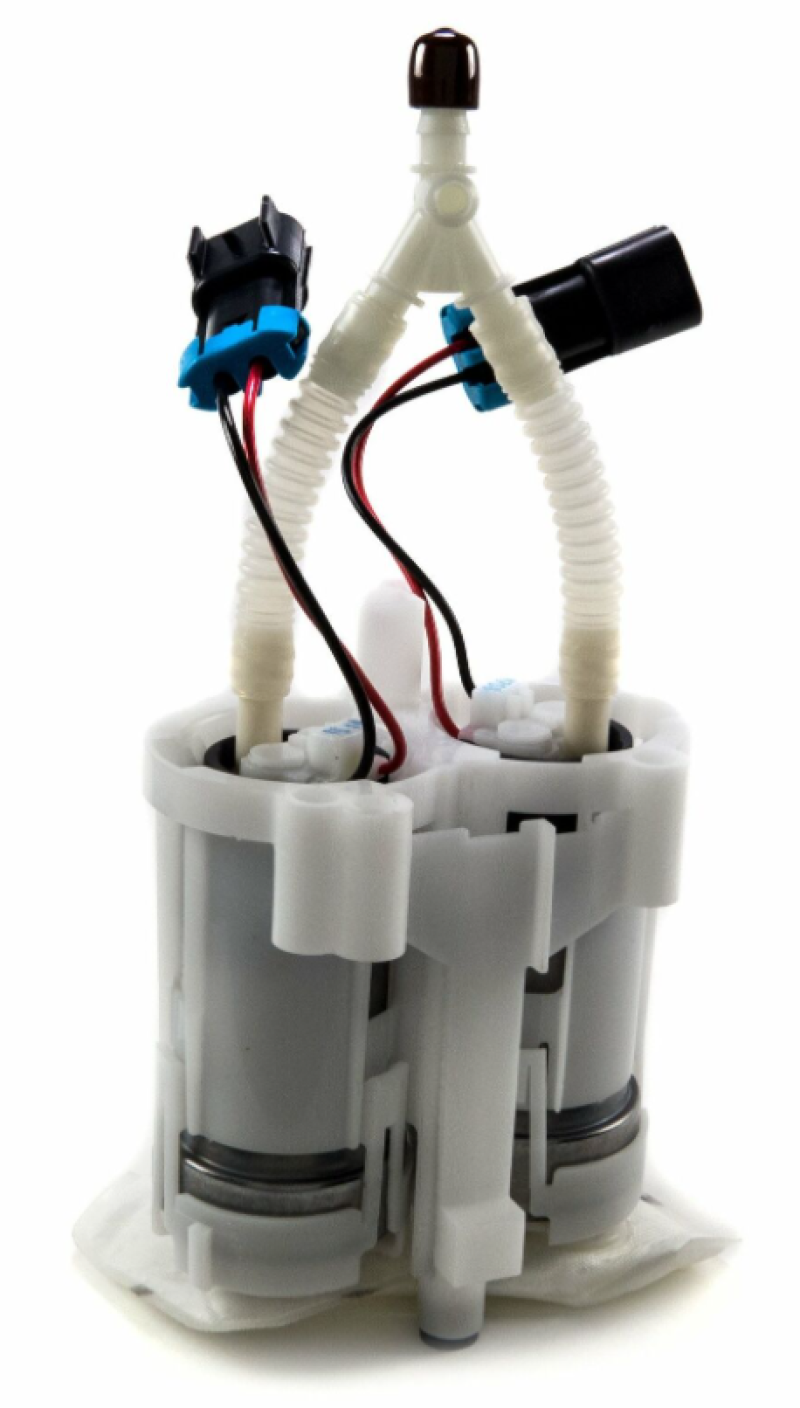 Walbro 450lph E85 universal dual fuel pump assembly for high-performance fuel delivery in vehicles.