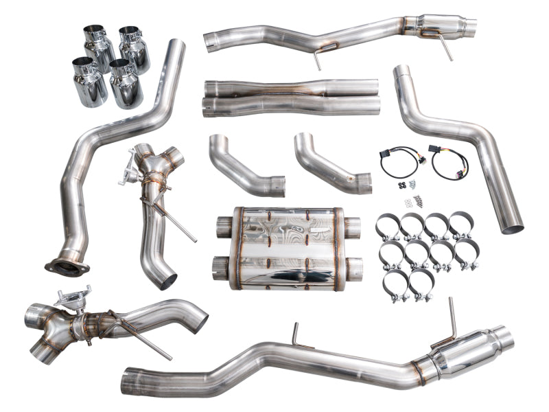 AWE Tuning Cadillac CT5-V Blackwing catback exhaust with chrome silver tips, showcasing its sleek design and polished finish.