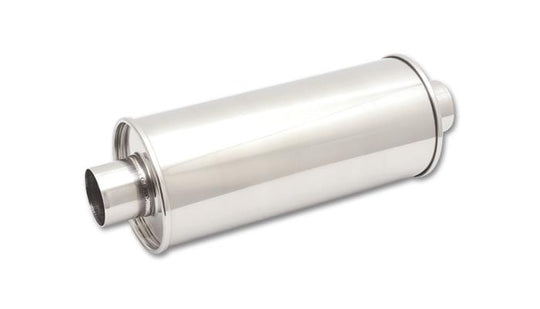 Vibrant StreetPower round muffler with 5x9x14-inch body and 3.5-inch I.D. and out diameter, shown from side angle.