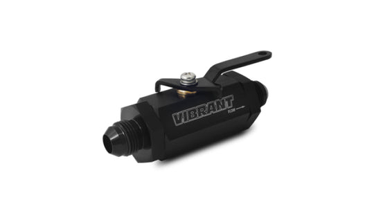 Black Vibrant -4AN to -4AN male shut off valve fitting, showing the compact valve with threaded ends for fluid control.