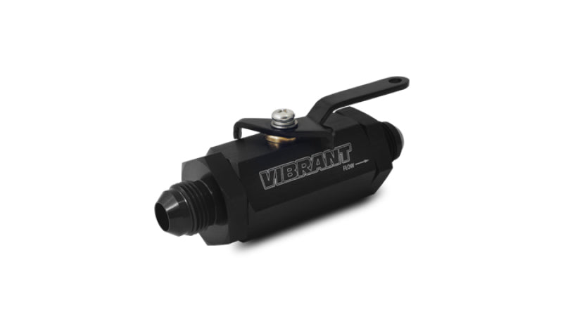 Vibrant -6AN to -6AN male shut off valve in black, automotive fitting with threaded ends for fluid control.
