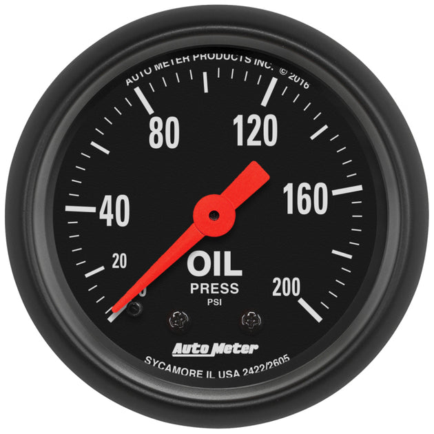 AutoMeter Z Series 52mm mechanical oil pressure gauge displaying 0-200 PSI with black dial and white markings.