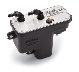 Edelbrock universal fuel sump module with adjustable tank and 255 LPH capacity for fuel system enhancement.