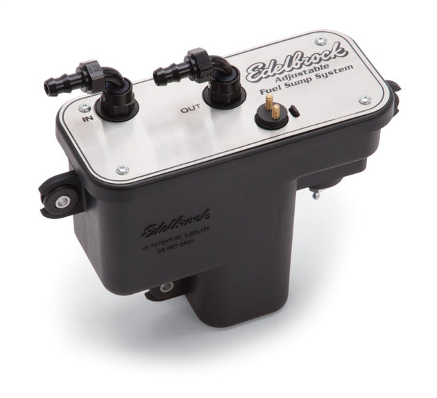 Edelbrock universal fuel sump module and tank for adjustable 255 LPH fuel system, shown with detailed metal construction.