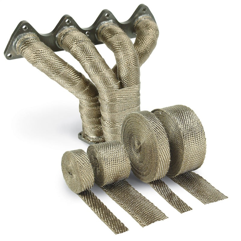 DEI Titanium Exhaust Wrap 2in x 35ft wrapped around exhaust pipe, heat-resistant automotive insulation for performance and heat management.