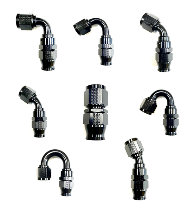 Fragola -10AN Real Street 180-degree black hose end fitting for PTFE hoses, showing the durable metal construction.